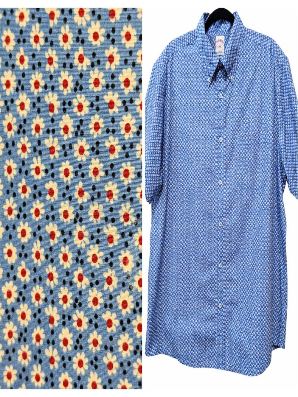 Brooks Brothers Mens Sz L Blue White Dot Daisy Floral Short Sleeve Button Shirt